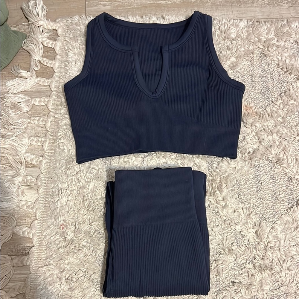Seamless ribbed Navy Work out legging /Top set